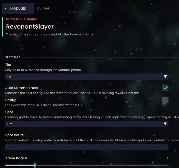 Frost RevenantSlayer settings: Tier, Auto Summon Next, Spot and Spot Route